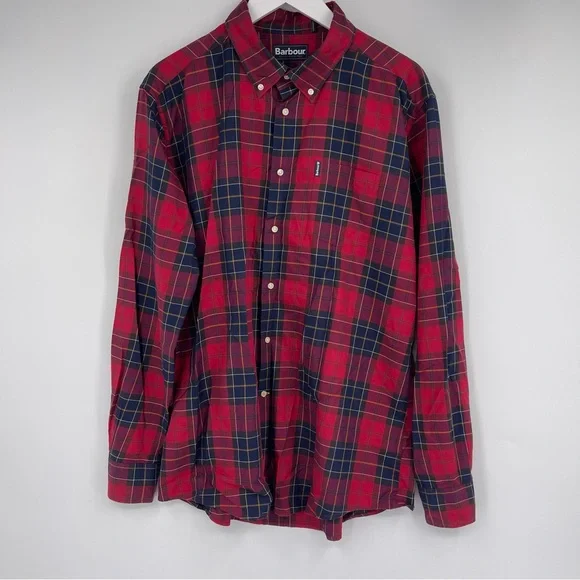 Barbour Wetheram Red Tartan Plaid Button Down Shirt Tailored Fit Mens Size L